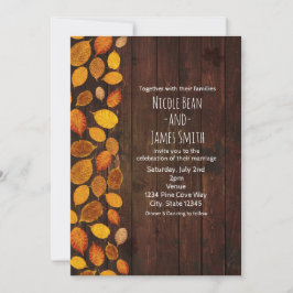 Herfst Roestige Gouden Bladeren & Houten Bruiloft Kaart