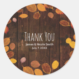 Herfst Roestige Gouden Bladeren op Houten Bruiloft Ronde Sticker