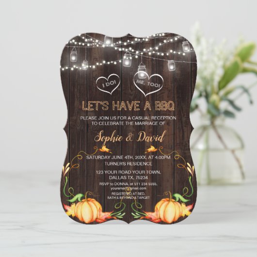 Herfst Roestige Pompoenen Slingerlichten Hout I DO Kaart (Staand voorkant)