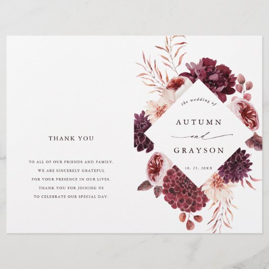 Herfst Romance Bloemen Bourgondië Trouwprogramma (Voorkant)