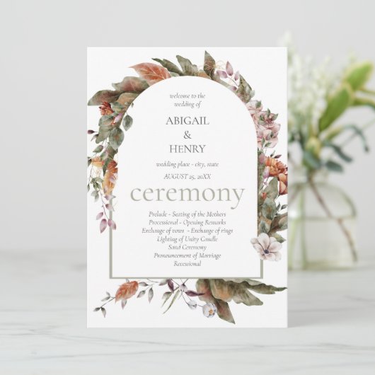Herfst Romance Bloemen Wedding Ceremony Programma' Kaart (Staand voorkant)