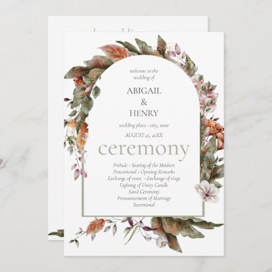 Herfst Romance Bloemen Wedding Ceremony Programma' Kaart (Voorkant / Achterkant)