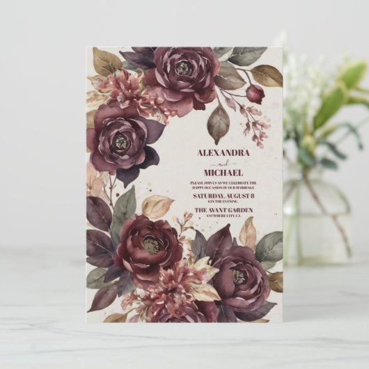 Herfst Romance Bourgondië Waterverf bruiloft Kaart (Staand voorkant)