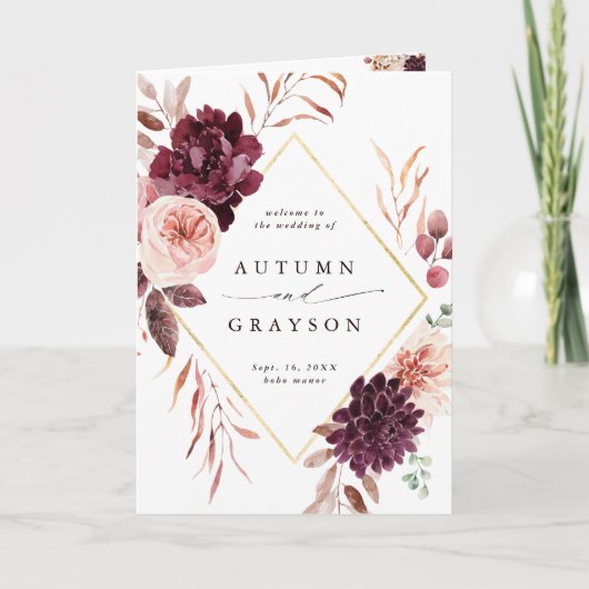 Herfst Romance Bourgondische bruiloft gevouwen Programma (Voorkant)