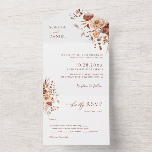 Herfst Romance Gedroogde Bloemen Bruiloft All In One Uitnodiging (Binnen)