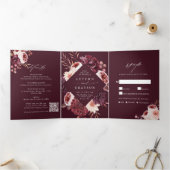 Herfst Romance Waterverf Bloemen bruiloft Bourgond Drieluik Uitnodiging (Binnen)