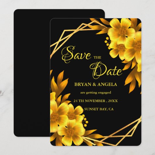Herfst romance zwart & gouden bloemige geometrisch save the date (Voorkant / Achterkant)