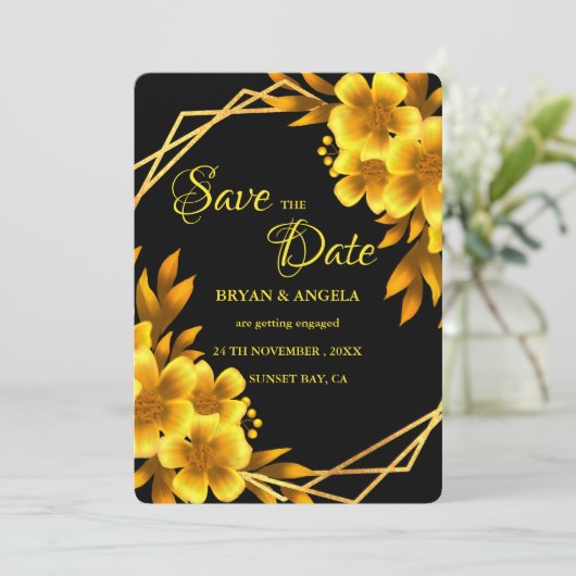 Herfst romance zwart & gouden bloemige geometrisch save the date (Staand voorkant)