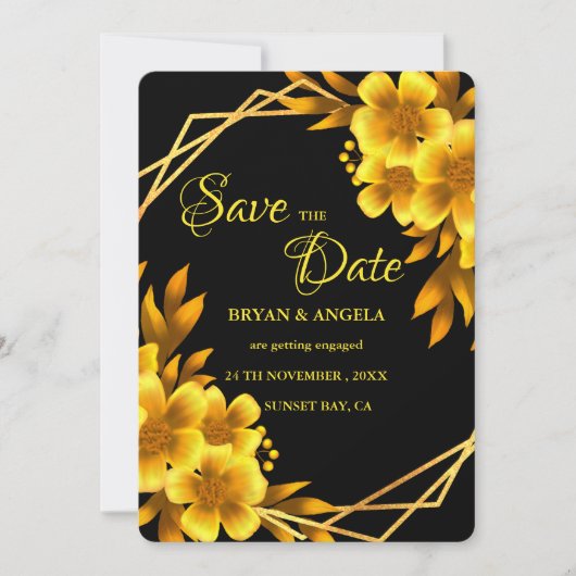 Herfst romance zwart & gouden bloemige geometrisch save the date (Voorkant)