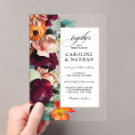 Herfst Romantic Floral Wedding Acryl Uitnodigingen<br><div class="desc">Dit ontwerp is een moderne romantische keuze in huwelijksuitnodigingen en beschikt over rijke romantische kleuren van bordeauxrood, russet sinaasappel, blush roze en blauwgroen groene bladeren in een mooie bloemige rand links van jouw tekst. Deze kleuren worden vaak gebruikt in bruiloften vanaf het midden van de zomer tot in de herfst...</div>