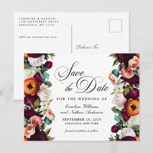 Herfst Romantic Floral Wedding Save the Date Briefkaart (Voorkant / Achterkant)