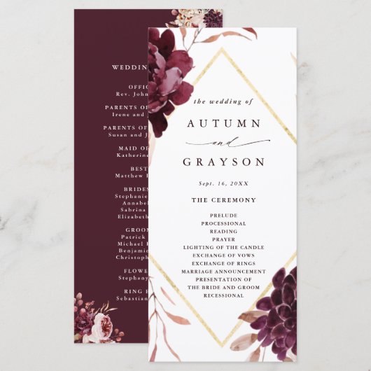 Herfst Romantiek Gouden Lijst Burgundy Bruiloft Programmakaart (Voorkant / Achterkant)