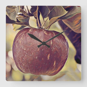Herfst rood appelfruit en laat waterverf achter vierkante klok