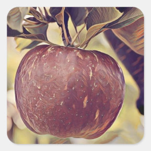 Herfst rood appelfruit en laat waterverf achter vierkante sticker