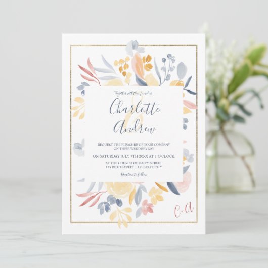 Herfst Rood Blauw Chic Bloemen waterverf bruiloft Kaart (Staand voorkant)