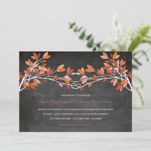 Herfst Rood Geknoopte Liefde Bomen Chalkboard Brui Kaart (Staand voorkant)