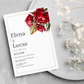 Herfst rood goud groene pioenen bloemenbruiloft kaart