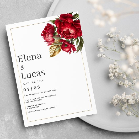 Herfst rood goud groene pioenen bloemenbruiloft kaart