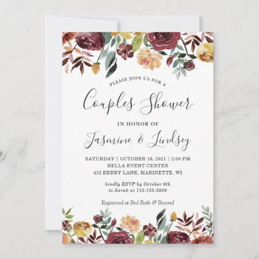 Herfst Rood Sinaasappel Bloemen Trouwkoppels Douch Kaart (Voorkant)