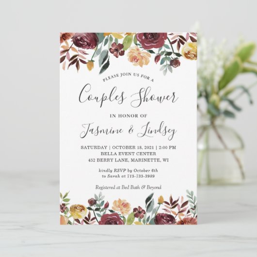 Herfst Rood Sinaasappel Bloemen Trouwkoppels Douch Kaart (Staand voorkant)