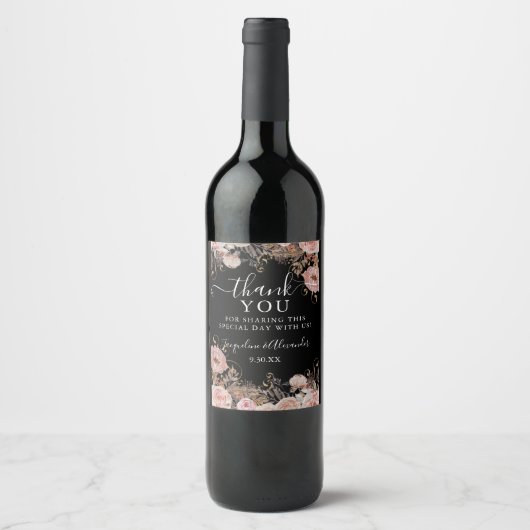 Herfst Roos Goud Blush Roze Zwart Waterverf Wijn Etiket (Voorkant)