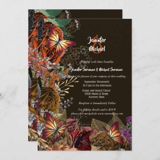 Herfst roos herfstvlinder zilverglooienblad kaart (Voorkant / Achterkant)