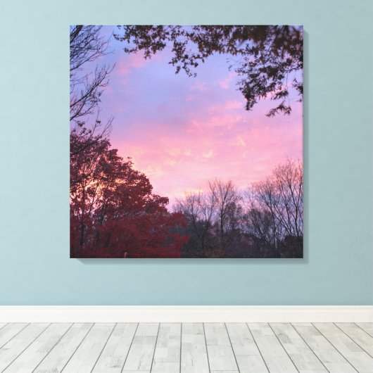 Herfst roze, blauw, gele zonnesteek over bomen canvas afdruk (Insitu (Houten vloer))