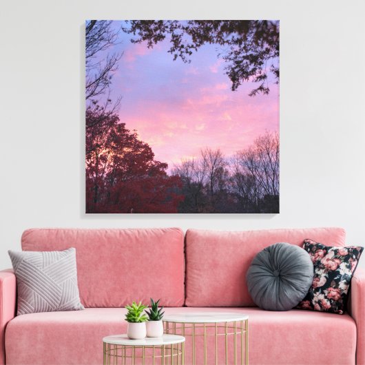 Herfst roze, blauw, gele zonnesteek over bomen canvas afdruk (Insitu (Woonkamer))