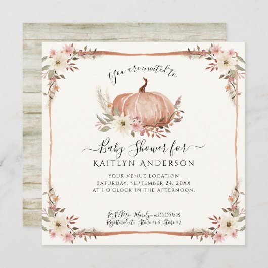 Herfst Roze Bloemen Pompoen Baby shower QR code Kaart (Voorkant / Achterkant)