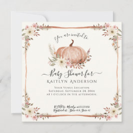 Herfst Roze Bloemen Pompoen Baby shower QR code Kaart
