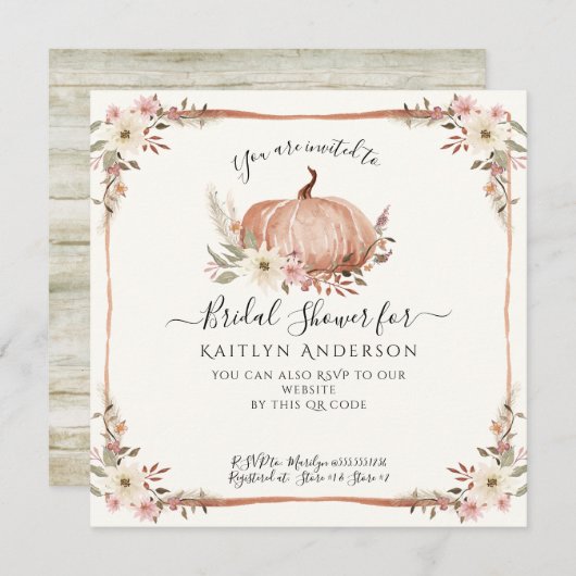 Herfst Roze Bloemige Pompoen Bruidsdouche QR-code Kaart (Voorkant / Achterkant)