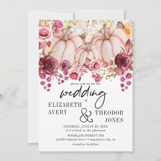 Herfst Roze Bourgondische pompoen Bloemen bruiloft Kaart (Voorkant)