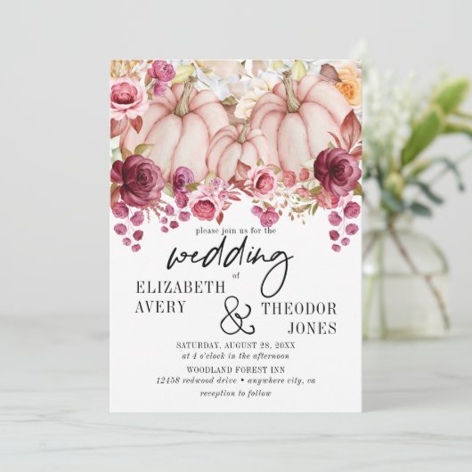 Herfst Roze Bourgondische pompoen Bloemen bruiloft Kaart (Staand voorkant)