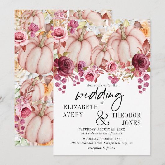 Herfst Roze Bourgondische pompoen Bloemen bruiloft Kaart (Voorkant / Achterkant)