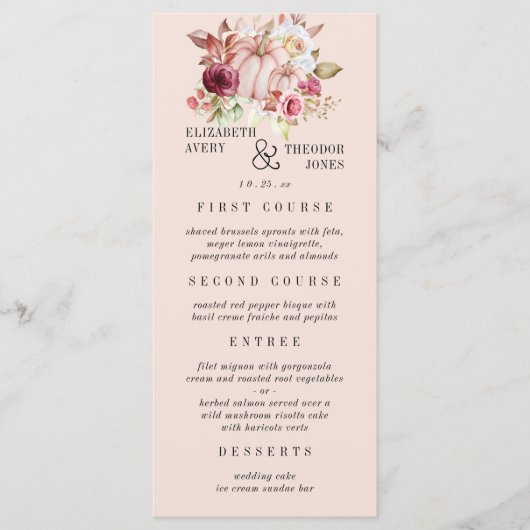 Herfst Roze Bourgondische pompoen bruiloft Menu (Voorkant)