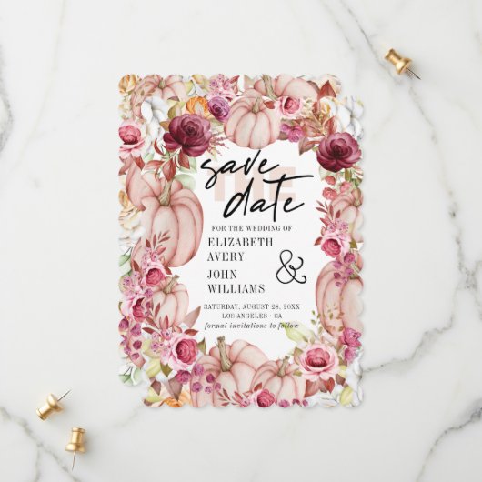 Herfst Roze Bourgondische pompoen Save The Date (Voorkant / Achterkant in situ)