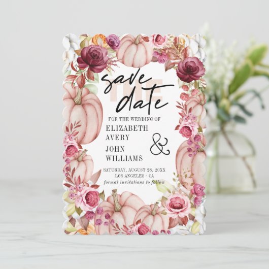 Herfst Roze Bourgondische pompoen Save The Date (Staand voorkant)