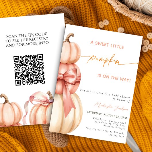 Herfst Roze Bow Little Pumpkin Baby shower QR-code Kaart