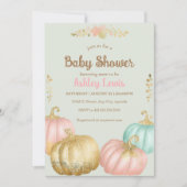 Herfst roze en gouden pompoen babyshower uitnodigi kaart (Voorkant)