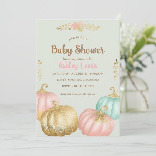 Herfst roze en gouden pompoen babyshower uitnodigi kaart (Staand voorkant)