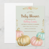Herfst roze en gouden pompoen babyshower uitnodigi kaart (Voorkant / Achterkant)