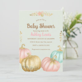 Herfst roze en gouden pompoen babyshower uitnodigi kaart