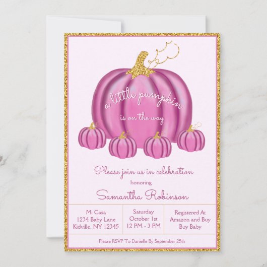 Herfst roze en gouden pompoen meisje Baby shower Kaart (Voorkant)