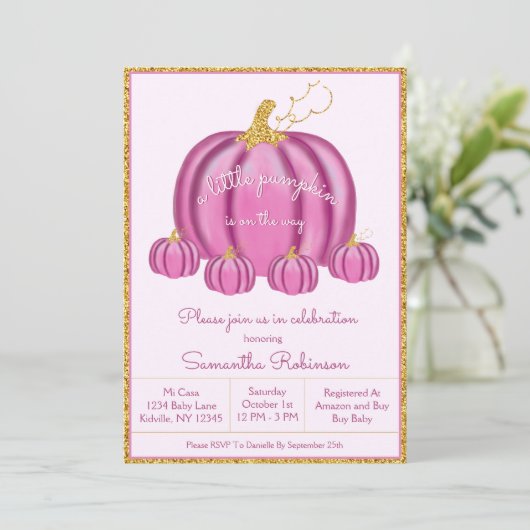 Herfst roze en gouden pompoen meisje Baby shower Kaart (Staand voorkant)
