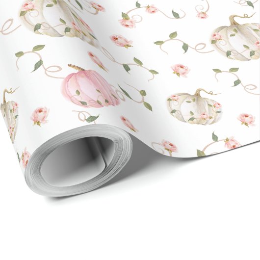 Herfst roze en wit pompoen Baby shower Cadeaupapier (Rol Hoek)