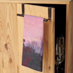 Herfst roze gele zonsondergang over bomen theedoek