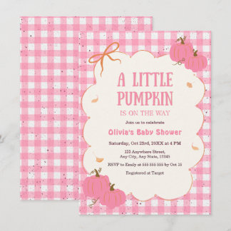 Herfst Roze Gingham Een Kleine Pompoen Baby Shower Kaart