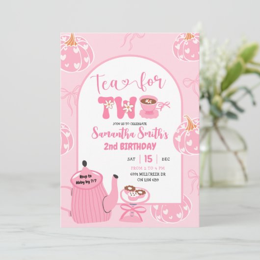 Herfst Roze grillige Retro Tea Girl 2e Verjaardag Kaart (Staand voorkant)