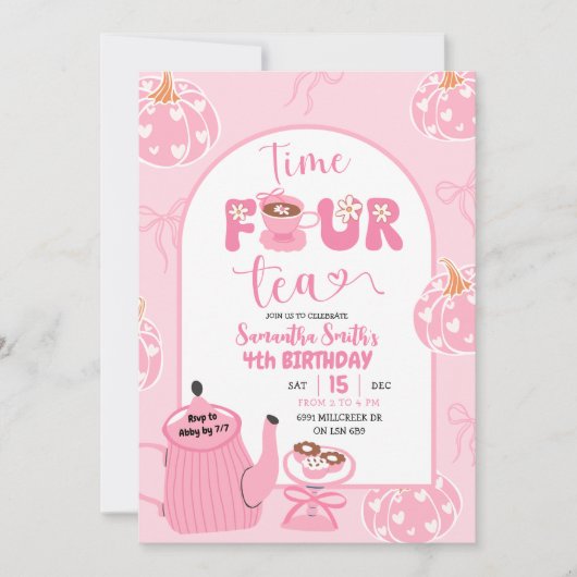 Herfst Roze grillige Retro Tea Girl 4e verjaardag Kaart (Voorkant)