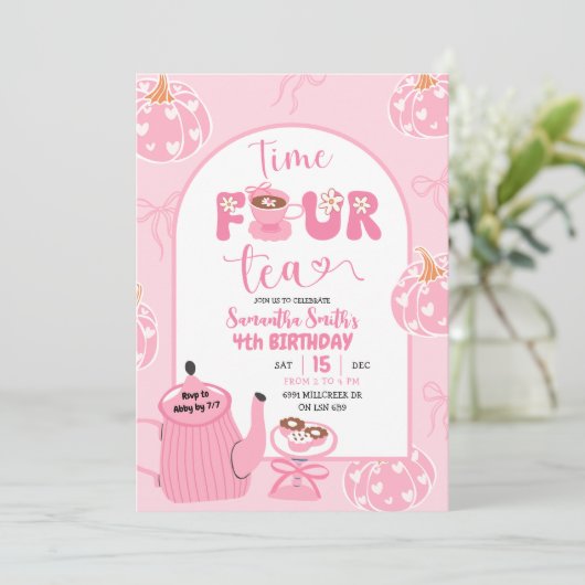 Herfst Roze grillige Retro Tea Girl 4e verjaardag Kaart (Staand voorkant)